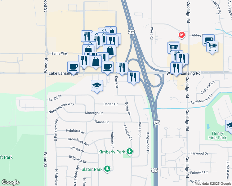 map of restaurants, bars, coffee shops, grocery stores, and more near 2417 Kerry Street in Lansing