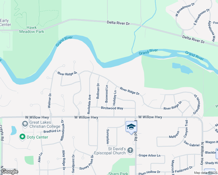 map of restaurants, bars, coffee shops, grocery stores, and more near 2239 Boxwood Lane in Lansing