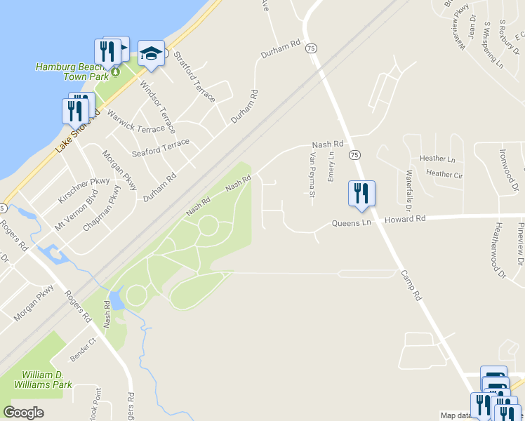 map of restaurants, bars, coffee shops, grocery stores, and more near 4677 Kingswood Lane in Hamburg