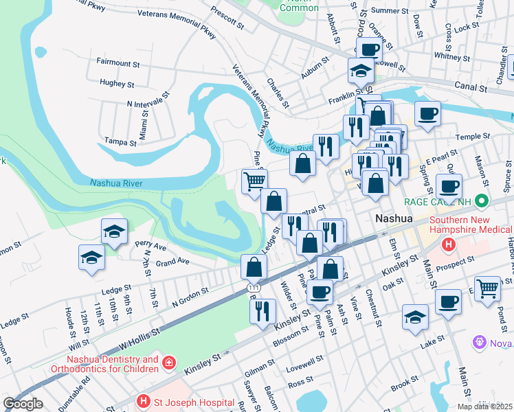 map of restaurants, bars, coffee shops, grocery stores, and more near 1C Pine Street Extension in Nashua