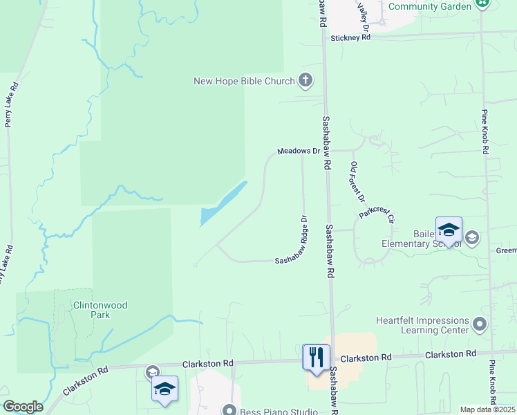map of restaurants, bars, coffee shops, grocery stores, and more near Meadows Drive in Independence charter Township