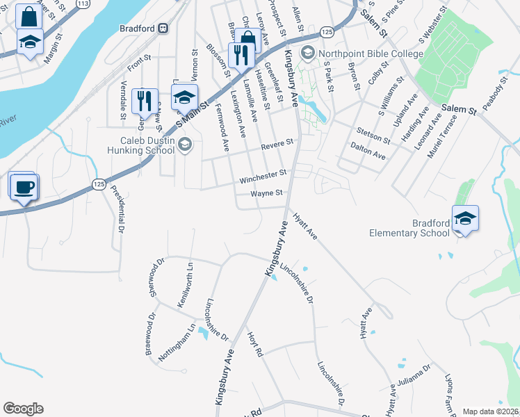 map of restaurants, bars, coffee shops, grocery stores, and more near 23 Fermanagh Street in Haverhill