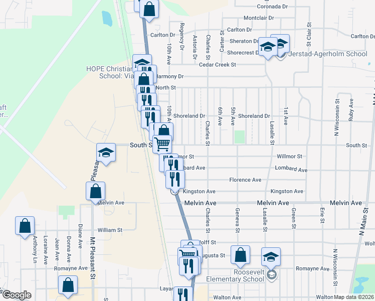 map of restaurants, bars, coffee shops, grocery stores, and more near 1425 South Street in Racine