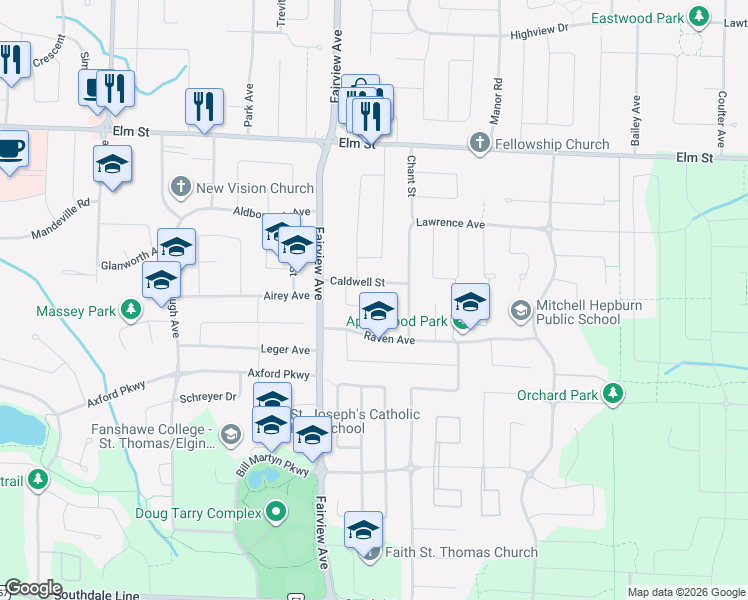 map of restaurants, bars, coffee shops, grocery stores, and more near 22 Caldwell Street in St. Thomas