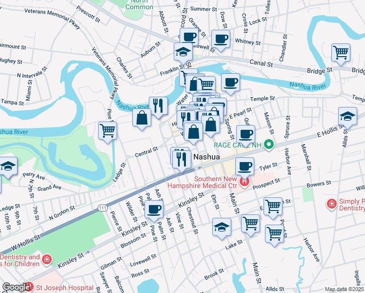 map of restaurants, bars, coffee shops, grocery stores, and more near 26 Cedar Street in Nashua