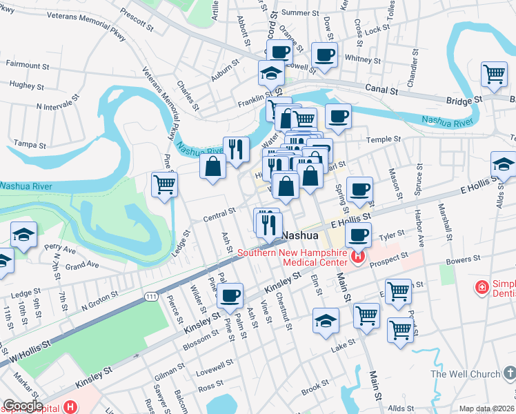 map of restaurants, bars, coffee shops, grocery stores, and more near 26 Cedar Street in Nashua