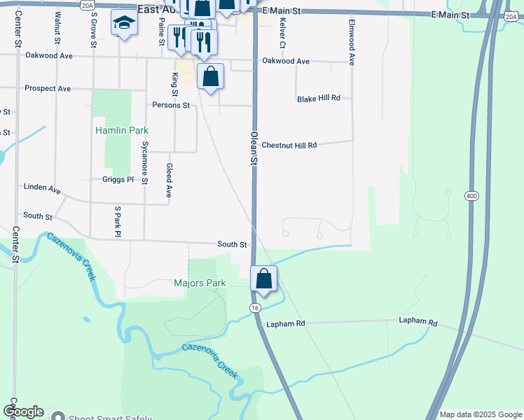 map of restaurants, bars, coffee shops, grocery stores, and more near 318 Olean Street in East Aurora