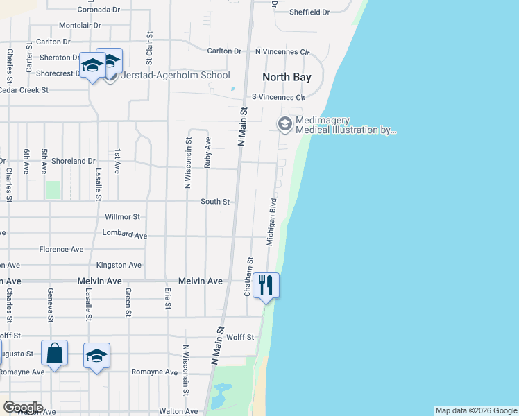 map of restaurants, bars, coffee shops, grocery stores, and more near 3229 Chatham Street in Racine