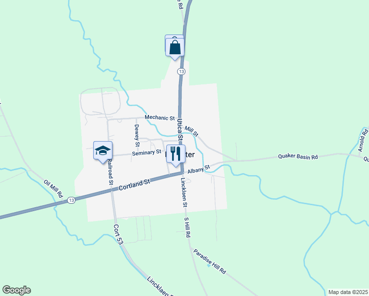 map of restaurants, bars, coffee shops, grocery stores, and more near 730 Utica Street in DeRuyter