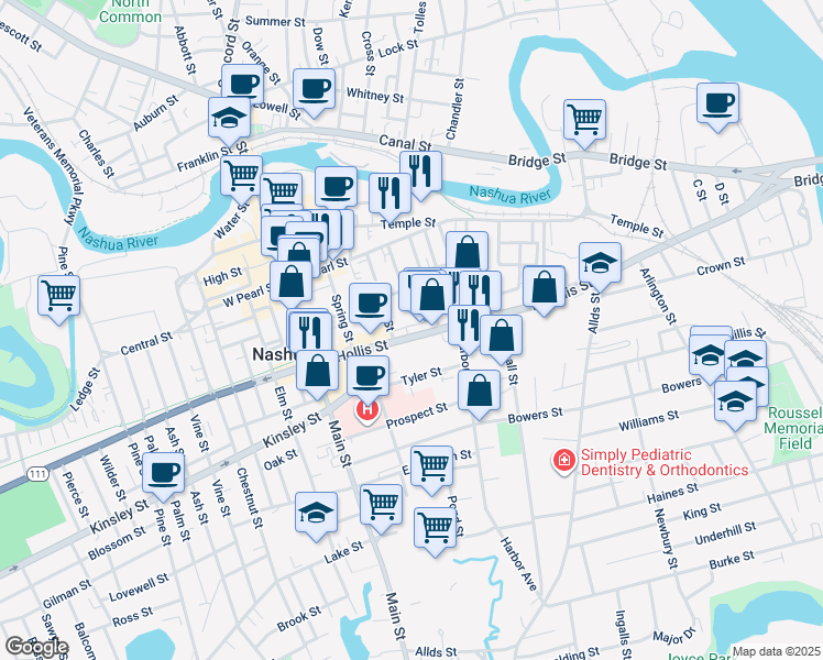 map of restaurants, bars, coffee shops, grocery stores, and more near 38c East Hollis Street in Nashua