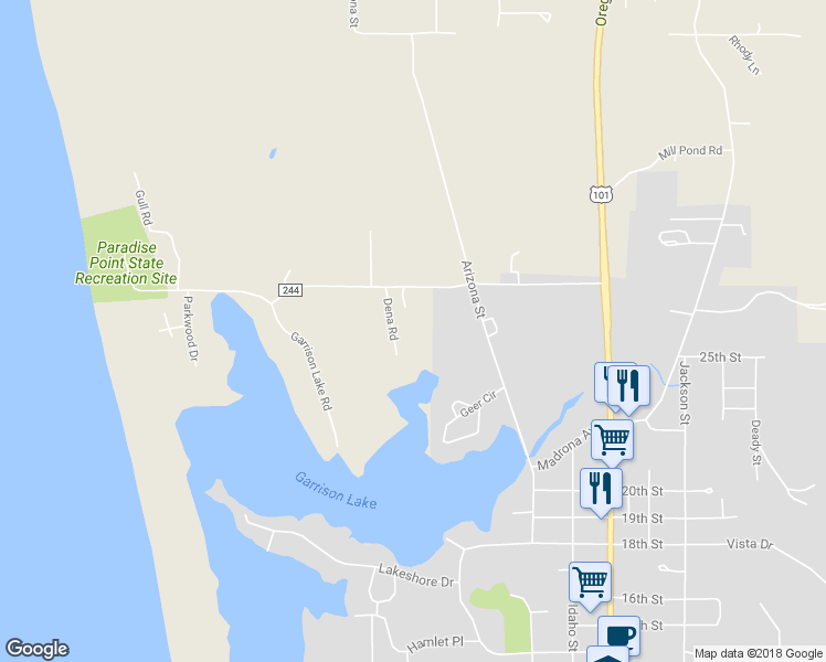 map of restaurants, bars, coffee shops, grocery stores, and more near 92502 Paradise Point Road in Port Orford