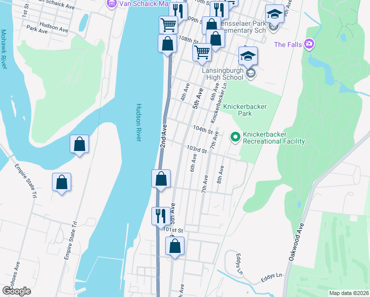 map of restaurants, bars, coffee shops, grocery stores, and more near 190 5th Avenue in Troy