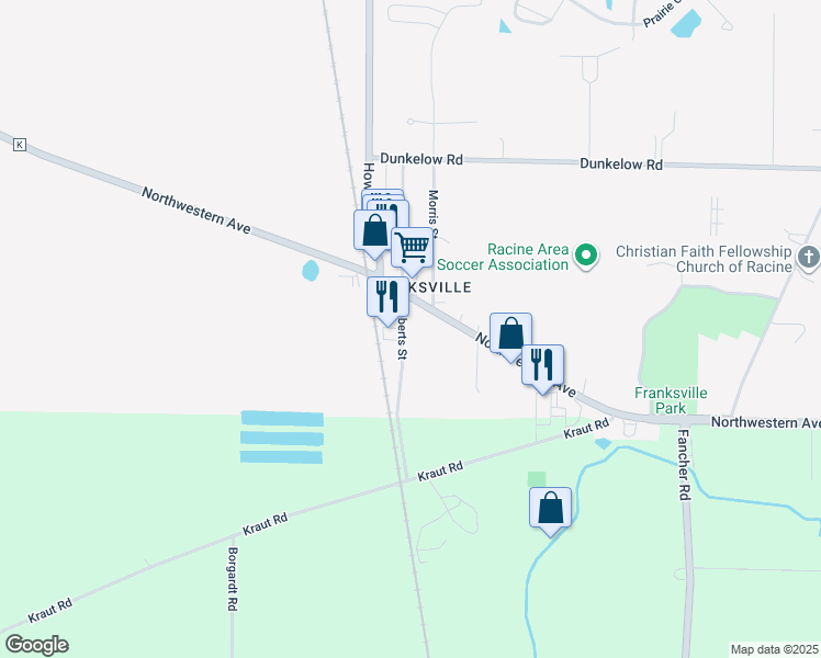 map of restaurants, bars, coffee shops, grocery stores, and more near 3127 Roberts Street in Caledonia