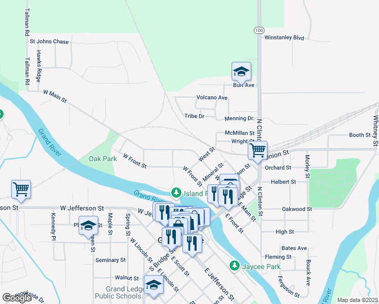 map of restaurants, bars, coffee shops, grocery stores, and more near 431 West Main Street in Grand Ledge