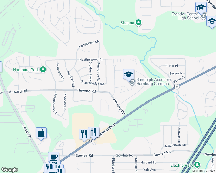 map of restaurants, bars, coffee shops, grocery stores, and more near 3687 Breckenridge Rd in Hamburg