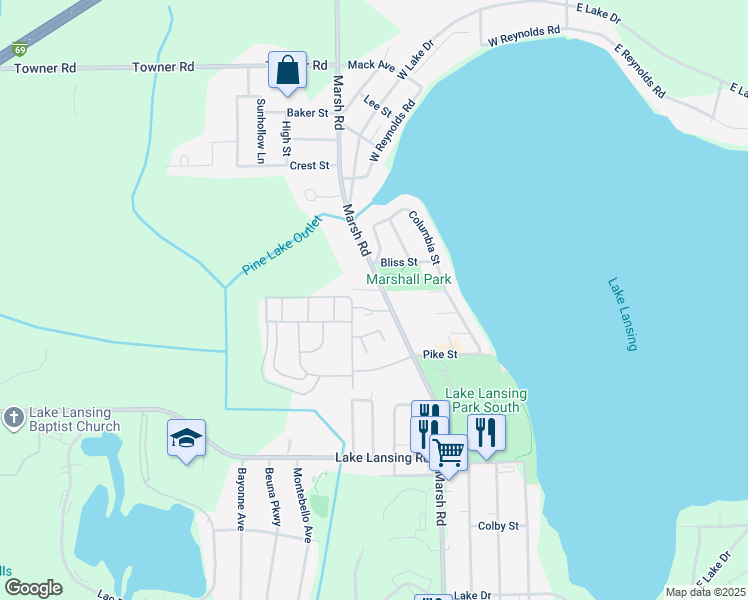 map of restaurants, bars, coffee shops, grocery stores, and more near 1730 Chamberlain Way in Meridian charter Township