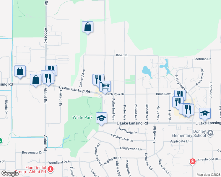 map of restaurants, bars, coffee shops, grocery stores, and more near 6129 Rutherford Avenue in East Lansing