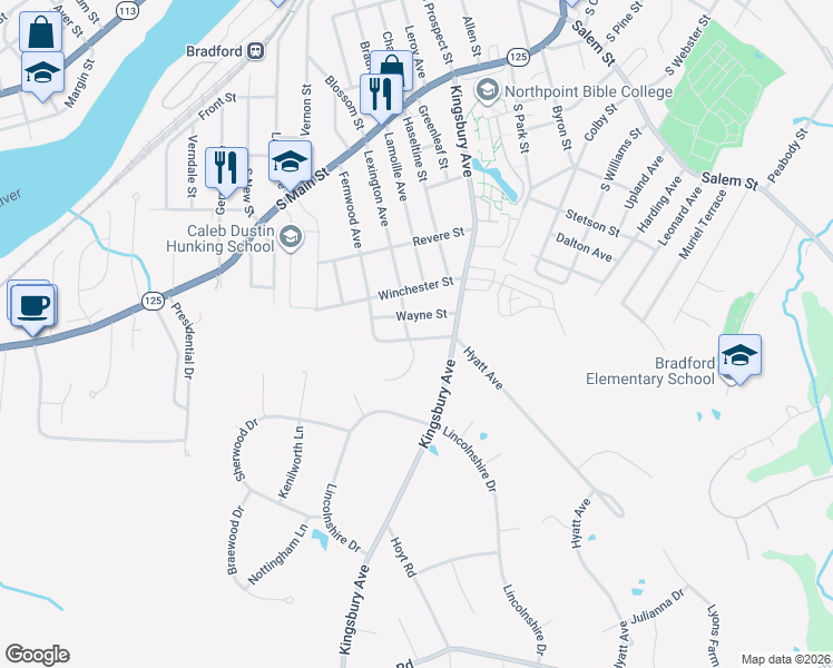 map of restaurants, bars, coffee shops, grocery stores, and more near 23 Fermanagh Street in Haverhill