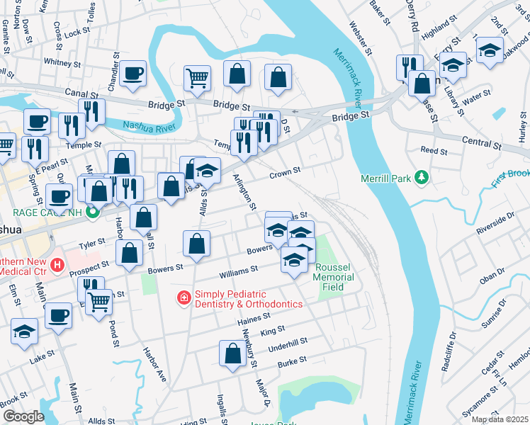 map of restaurants, bars, coffee shops, grocery stores, and more near in Nashua