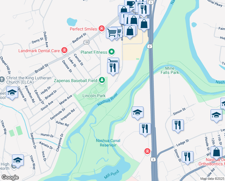 map of restaurants, bars, coffee shops, grocery stores, and more near 120 Coliseum Avenue in Nashua