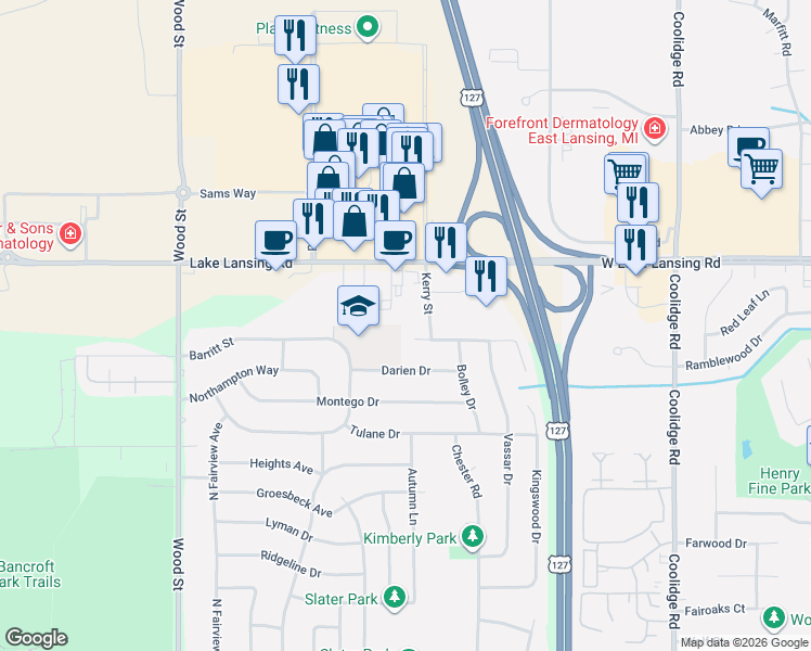 map of restaurants, bars, coffee shops, grocery stores, and more near 2503 Kerry Street in Lansing