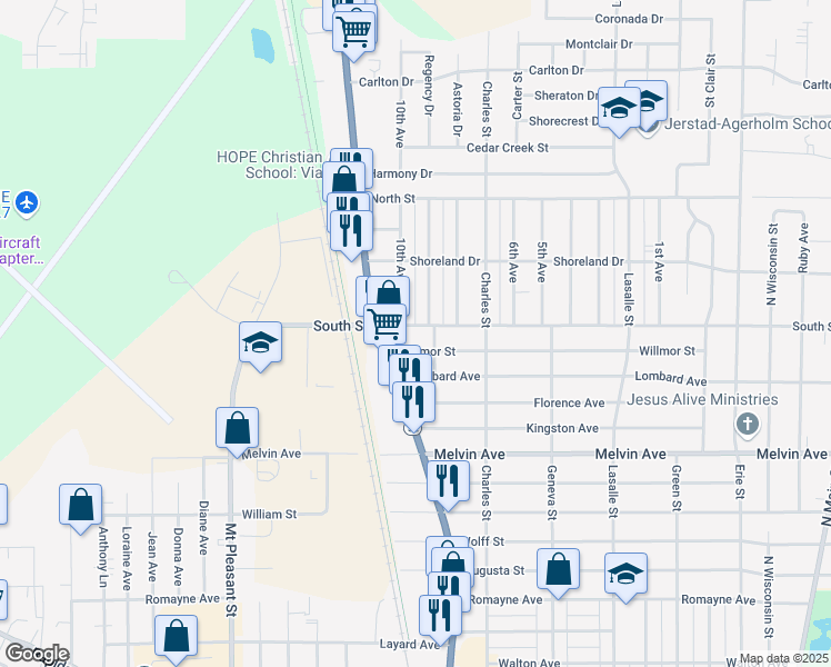 map of restaurants, bars, coffee shops, grocery stores, and more near 1515 South Street in Racine