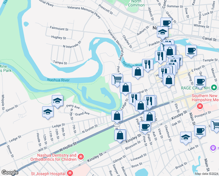 map of restaurants, bars, coffee shops, grocery stores, and more near Pine Street Extension in Nashua