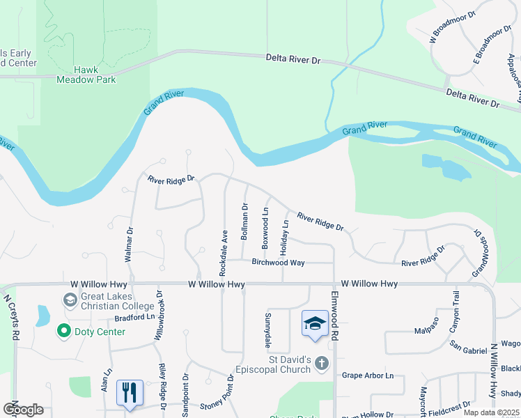 map of restaurants, bars, coffee shops, grocery stores, and more near 2239 Boxwood Lane in Lansing