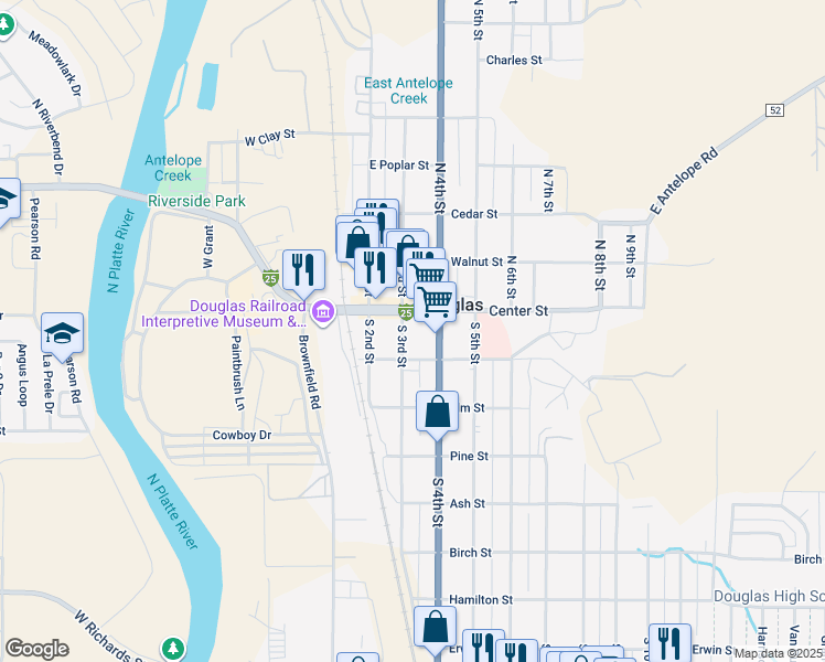 map of restaurants, bars, coffee shops, grocery stores, and more near 119 S 3rd St in Douglas