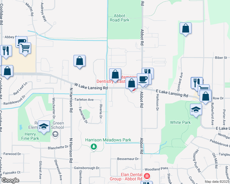 map of restaurants, bars, coffee shops, grocery stores, and more near 325 West Lake Lansing Road in East Lansing