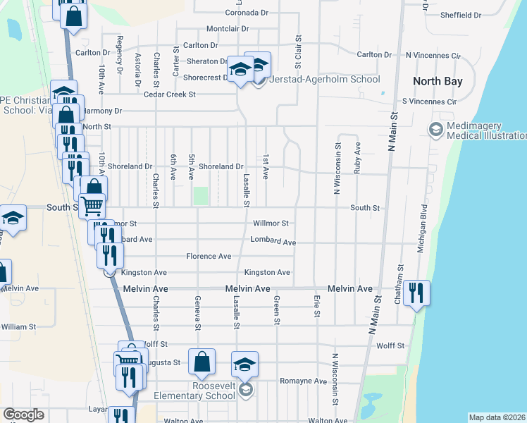 map of restaurants, bars, coffee shops, grocery stores, and more near 801 South Street in Racine