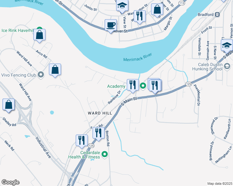 map of restaurants, bars, coffee shops, grocery stores, and more near 19 Rainbow Drive in Haverhill