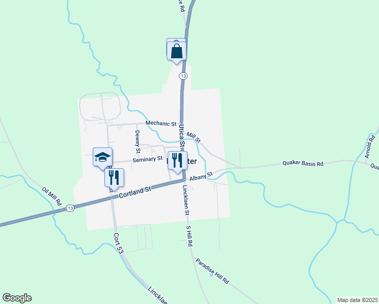 map of restaurants, bars, coffee shops, grocery stores, and more near 730 Utica Street in DeRuyter