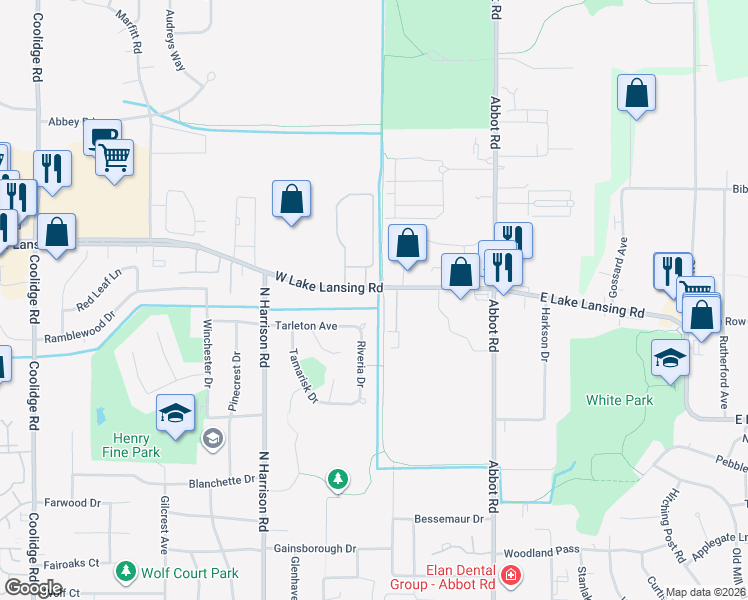 map of restaurants, bars, coffee shops, grocery stores, and more near 421 West Lake Lansing Road in East Lansing