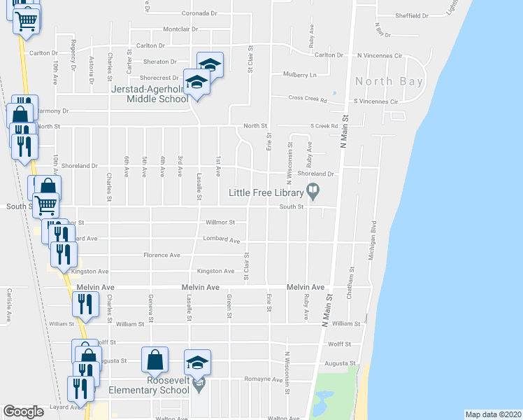 map of restaurants, bars, coffee shops, grocery stores, and more near 601 South Street in Racine