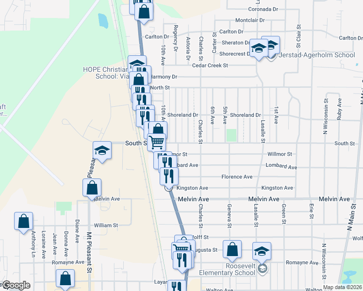 map of restaurants, bars, coffee shops, grocery stores, and more near 1425 South Street in Racine