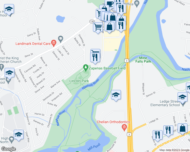 map of restaurants, bars, coffee shops, grocery stores, and more near 120 Coliseum Avenue in Nashua