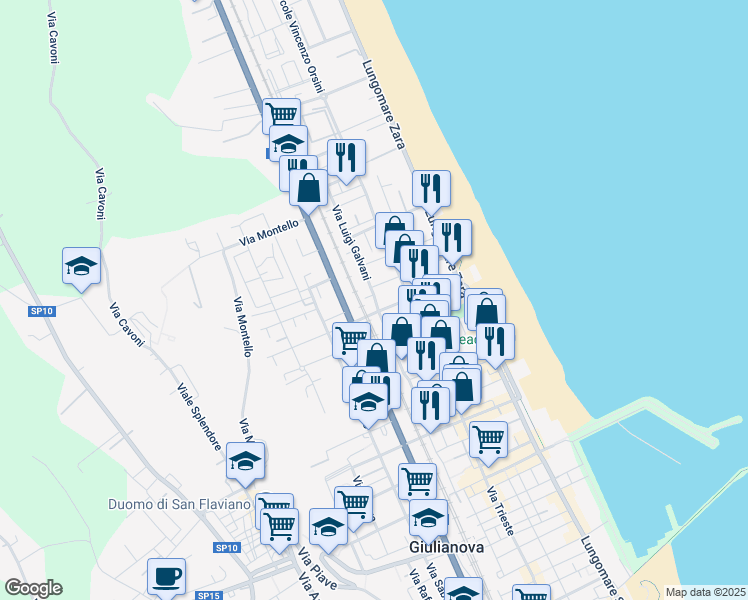 map of restaurants, bars, coffee shops, grocery stores, and more near 7 Via Luigi Galvani in Giulianova
