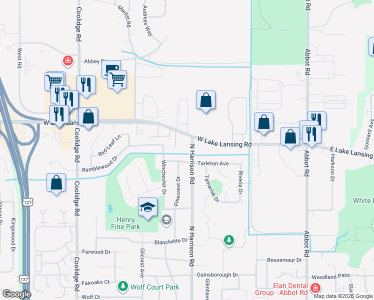 map of restaurants, bars, coffee shops, grocery stores, and more near 2341 North Harrison Road in East Lansing