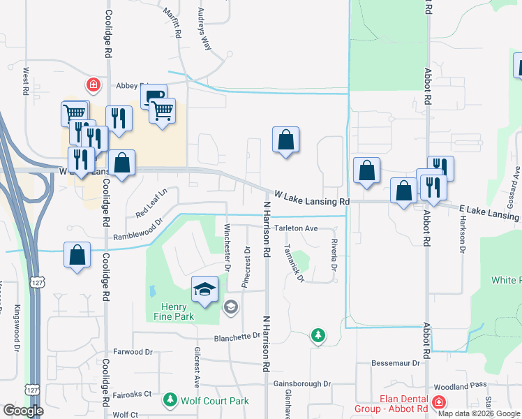 map of restaurants, bars, coffee shops, grocery stores, and more near 2341 North Harrison Road in East Lansing