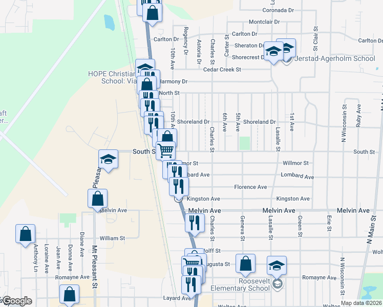 map of restaurants, bars, coffee shops, grocery stores, and more near 1425 South Street in Racine