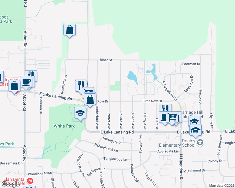 map of restaurants, bars, coffee shops, grocery stores, and more near 6135 Pollard Avenue in East Lansing