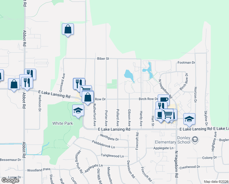 map of restaurants, bars, coffee shops, grocery stores, and more near 6135 Pollard Avenue in East Lansing