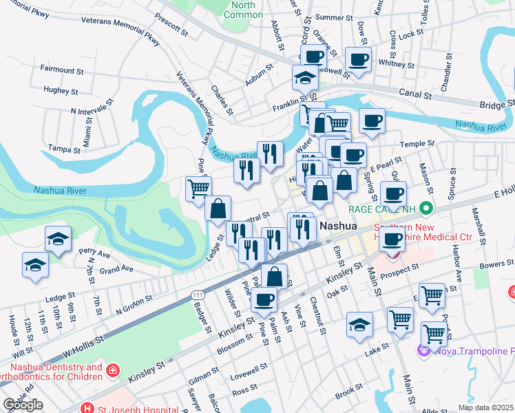 map of restaurants, bars, coffee shops, grocery stores, and more near 26 Myrtle Street in Nashua