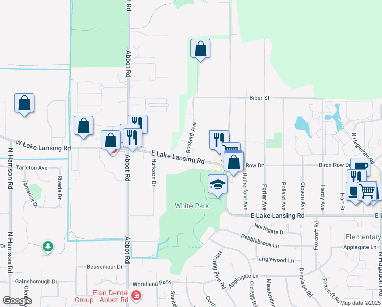 map of restaurants, bars, coffee shops, grocery stores, and more near 6122 Gossard Avenue in East Lansing