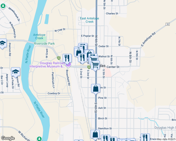 map of restaurants, bars, coffee shops, grocery stores, and more near 130 South 3rd Street in Douglas