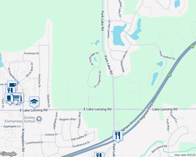 map of restaurants, bars, coffee shops, grocery stores, and more near 6131 East Longview Drive in East Lansing