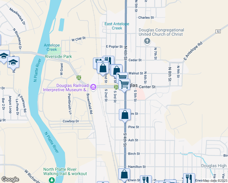 map of restaurants, bars, coffee shops, grocery stores, and more near 130 South 3rd Street in Douglas