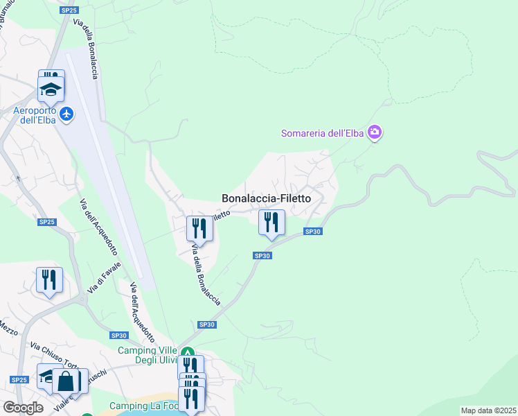 map of restaurants, bars, coffee shops, grocery stores, and more near 391 Via Filetto in Bonalaccia-filetto