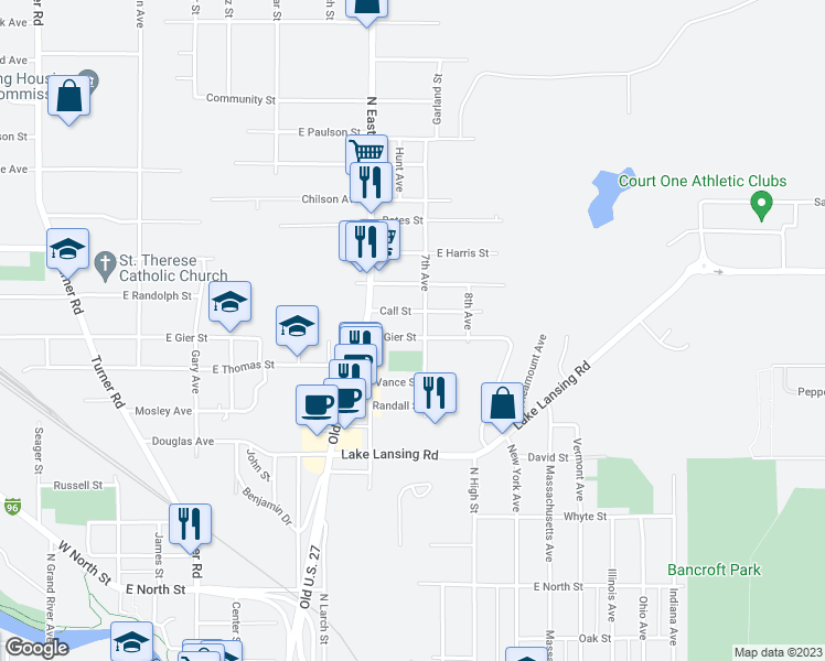 map of restaurants, bars, coffee shops, grocery stores, and more near 737 East Gier Street in Lansing